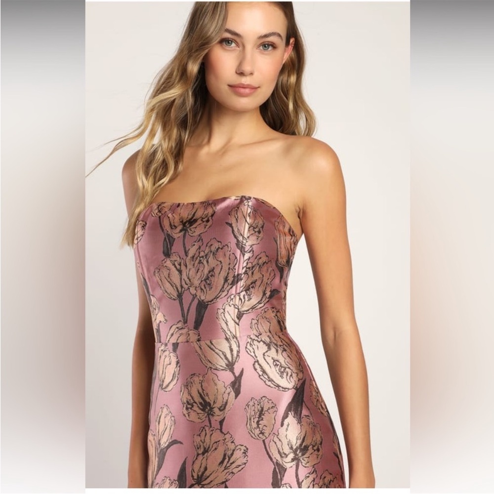 NWT Lulus Strapless Gowning Around Floral Maxi Dress Pink Gold Women’s Large - Picture 2 of 14